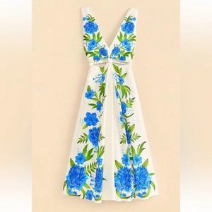 FARM Rio White and Blue Floral Midi Dress